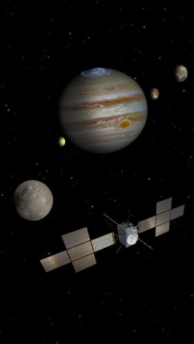 JUICE misijos iliustracija / ESA/ATG medialab; NASA/ESA/J. Nichols (University of Leicester); JPL/University of Arizona; DLR