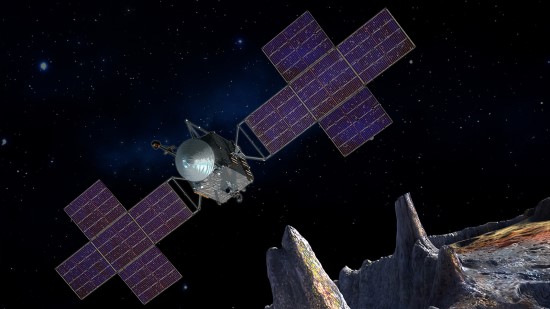 Psichė (zondas) ir Psichė (asteroidas) priekyje. Dailininko vizualizacija. Šaltinis: ESA/NASA