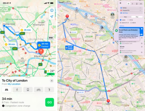 Apple Maps – ribotos zonos – Londonas (kairė), Paryžius (dešinė)
