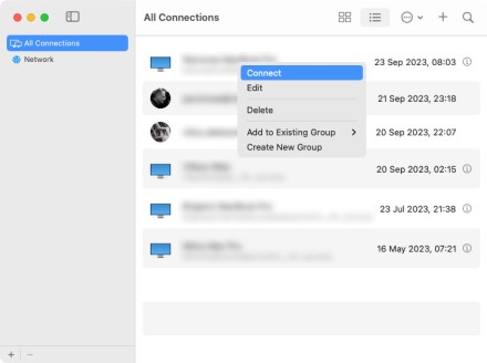 Prisijungimų sąrašas macOS Sonoma Screen Sharing aplikacijoje