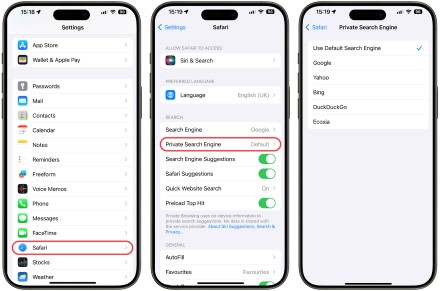 Paieškos variklio pasirinkimas privačiam naršymui „iOS 17 Safari“