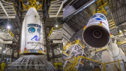 Viršutinė raketos dalis su užkapsuliuotu palydovu „Metop-SGA1“ perkelta prie „Ariane 6“ raketos Europos kosmodrome Prancūzijos Gvianoje