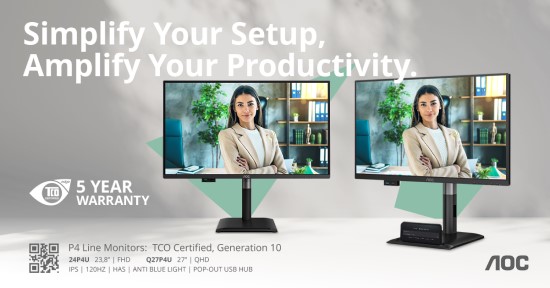 „AOC Professional P4“ serija: 120 Hz monitoriai su iššokančiomis USB stotelėmis ir 5 metų garantija „AOC Professional P4“ serija: 120 Hz monitoriai su iššokančiomis USB stotelėmis ir 5 metų garantija