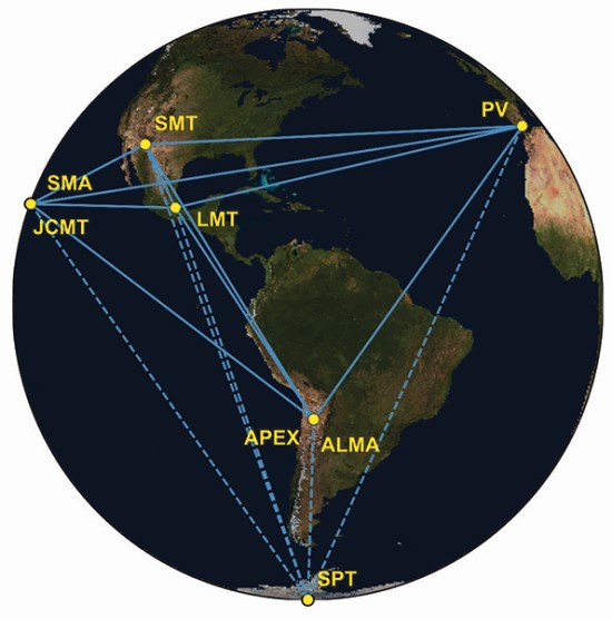 Įvykių horizonto teleskopas – aštuonių teleskopų tinklas, išdėstytas keturiuose (penkiuose?) žemynuose. Šaltinis: Event Horizon Telescope Collaboration / Astrophysical Journal Letters, 875(2019) L1