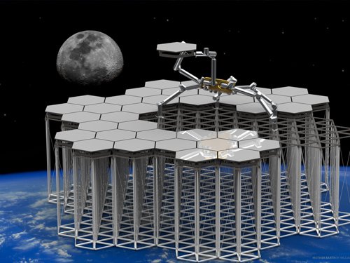 Teleskopo veidrodžio montavimas iš šešiakampių segmentų. Dailininko vizualizacija. Šaltinis: JPL/NASA