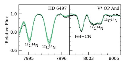 Molėtų AO VUES spektro fragmentas. CN molekulių absorbcinės linijos. Juoda – stebėtas spektras, žalia – modeliuotas spektras