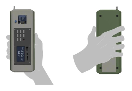 Daugiafunkcio radiacinio fono detektoriaus ergonomika laikant prietaisą rankoje