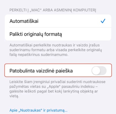 Naujose „iOS“ ir „macOS“ operacinėse sistemose nuotraukų informacija siunčiama „Apple“