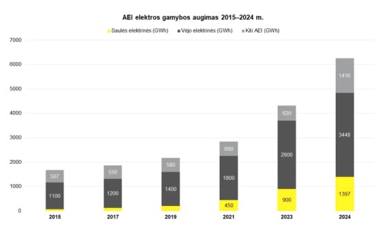 1 pav. AEI elektros gamybos augimas 2015–2024 m.